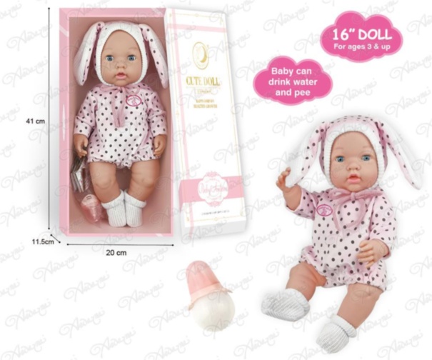 Bebeluș din Vinil cu Înfațișare Realistă în Costum Iepuraș, bea apă- face pipi