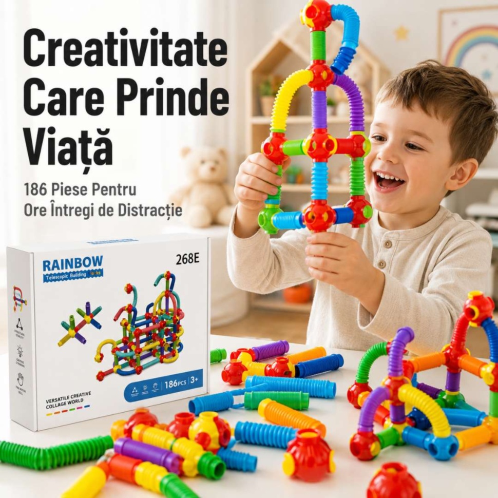 Set construcție Montessori cu tuburi flexibile și conectori pentru copii