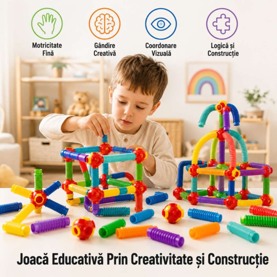 Copil construiește cu set Montessori cu tuburi flexibile