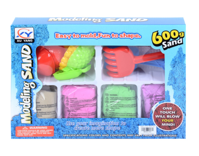 Set Nisip Kinetic cu 4 Culori, Forme și Accesorii de Modelat, 600gr.