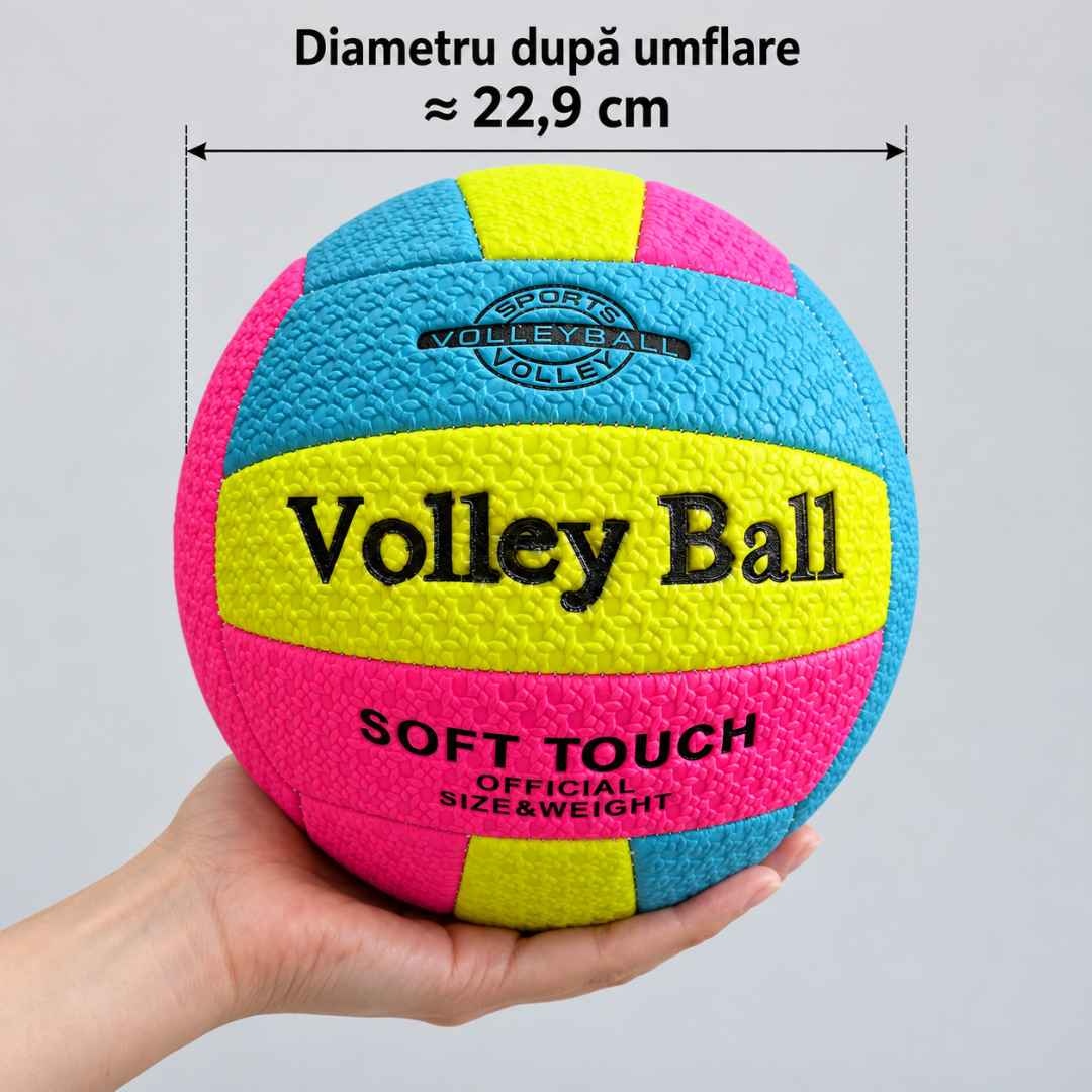 Minge susținută în palma unui adult, cu diametrul după umflare de aproximativ 22,9 cm indicat deasupra