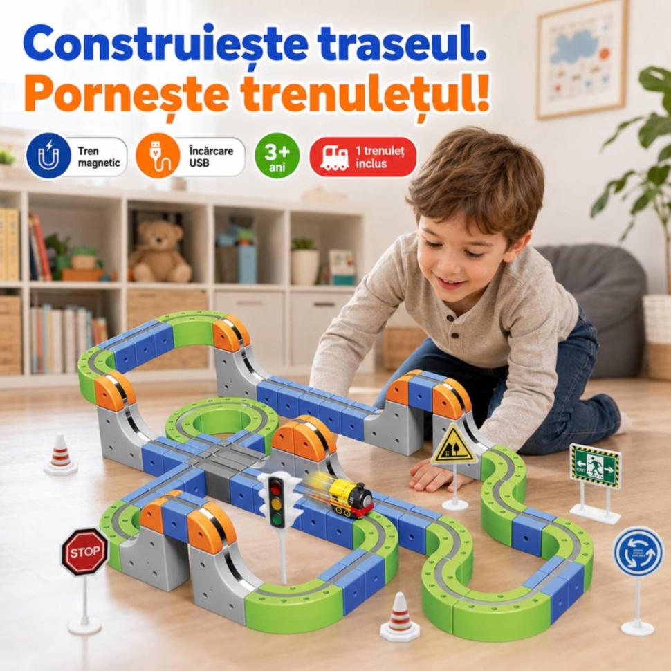 Set magnetic de construcție cu trenuleț electric reîncărcabil și traseu modular