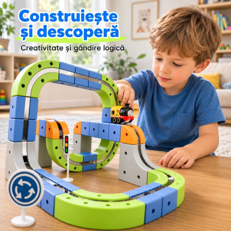 Copil construiește un traseu magnetic cu trenuleț electric reîncărcabil