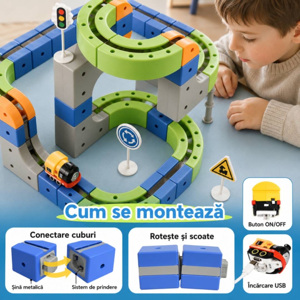 Montare traseu magnetic cu conectare cuburi, șină metalică și sistem de prindere