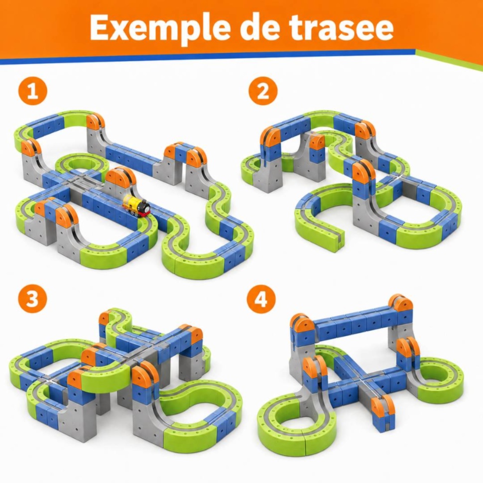 Exemple de trasee care pot fi construite cu setul magnetic cu trenuleț