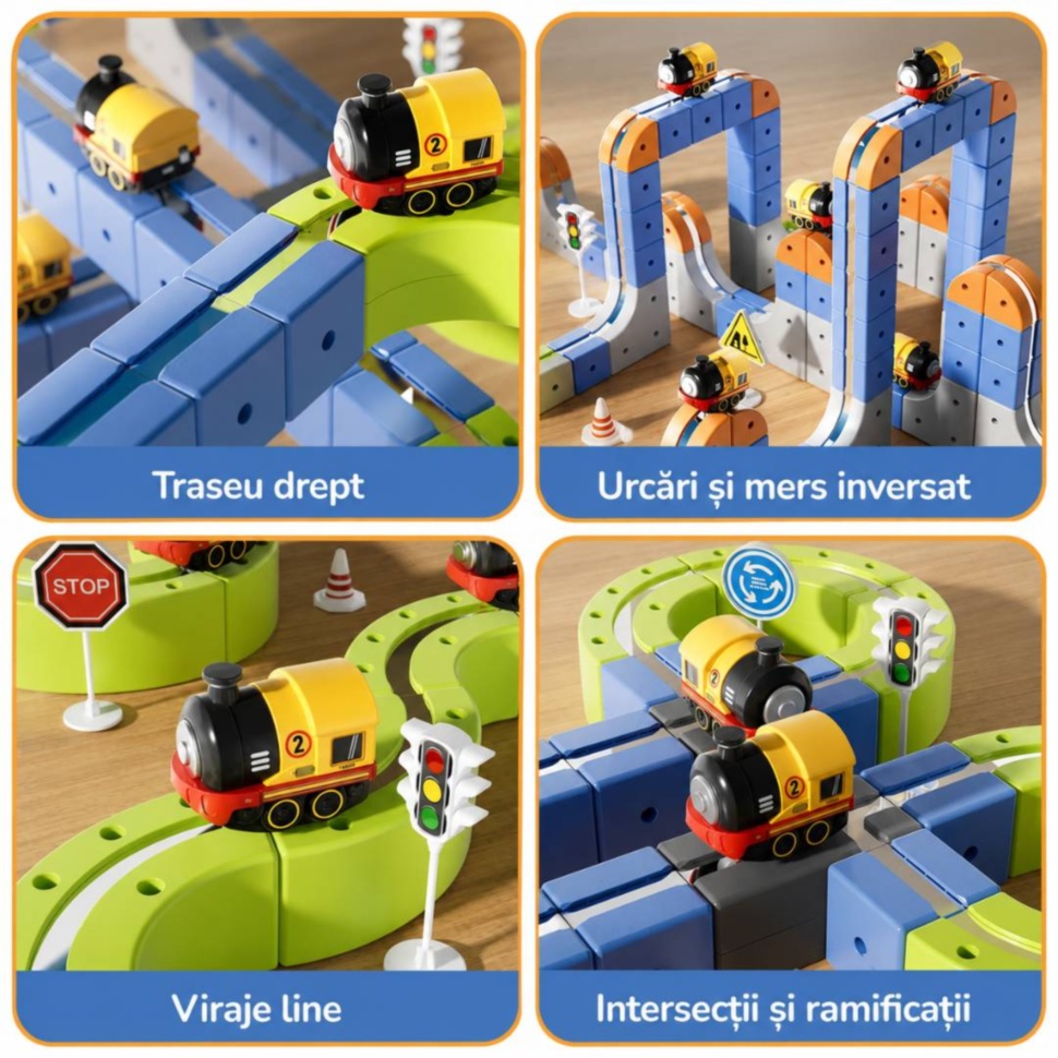 Traseu drept, urcări, mers inversat, viraje line și intersecții pentru trenuleț