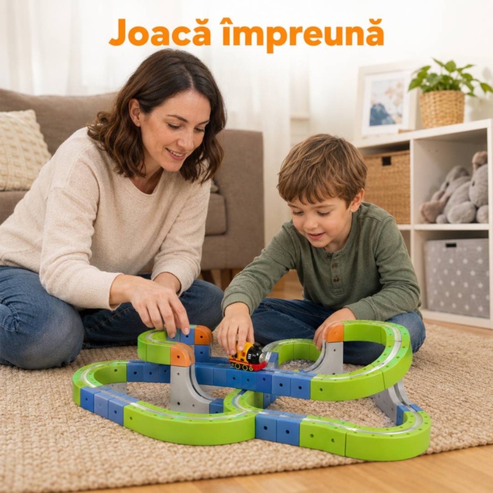 Părinte și copil construiesc împreună traseul magnetic cu trenuleț