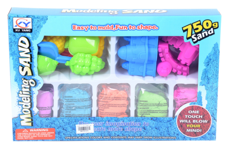 Set Nisip Kinetic cu 5 Culori, Forme și Accesorii de Modelat, 750gr.