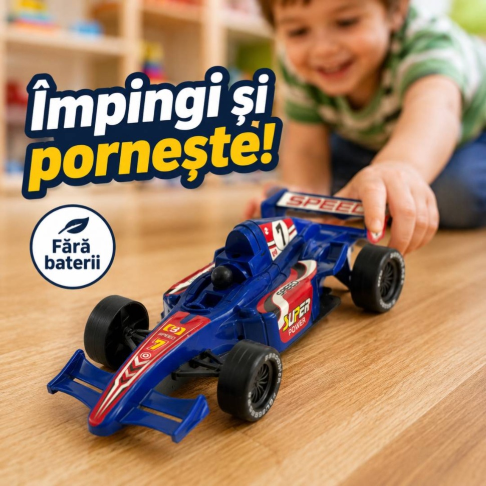 Mașină de curse cu inerție pentru copii, model tip Formula, fără baterii