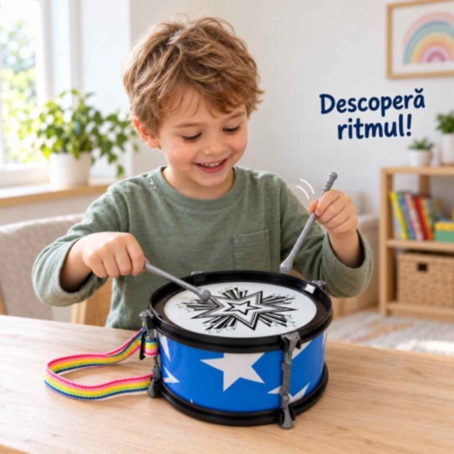 Tobă muzicală copii cu 2 bețișoare și curea