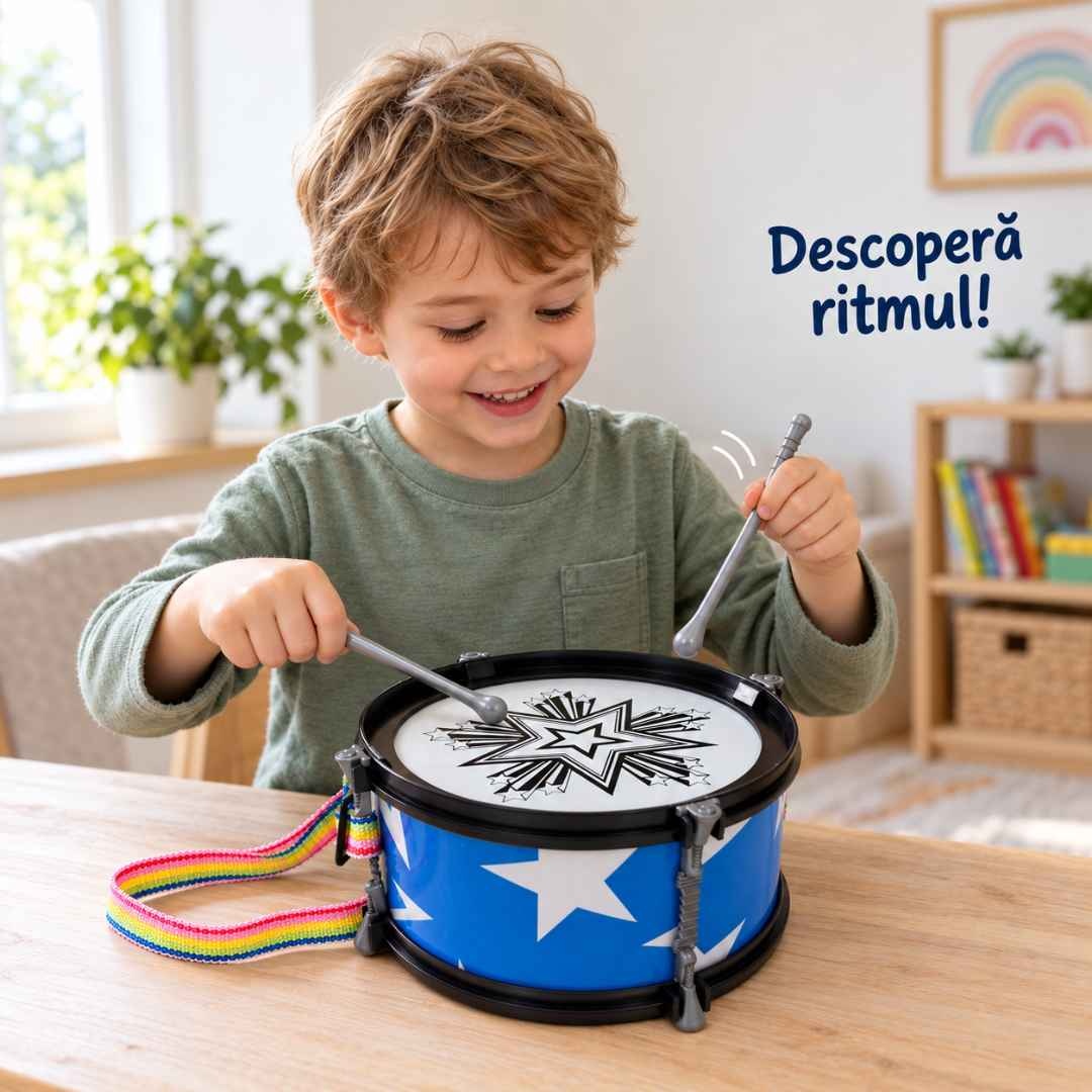 Copil care descoperă ritmul lovind ușor toba cu cele două bețișoare gri