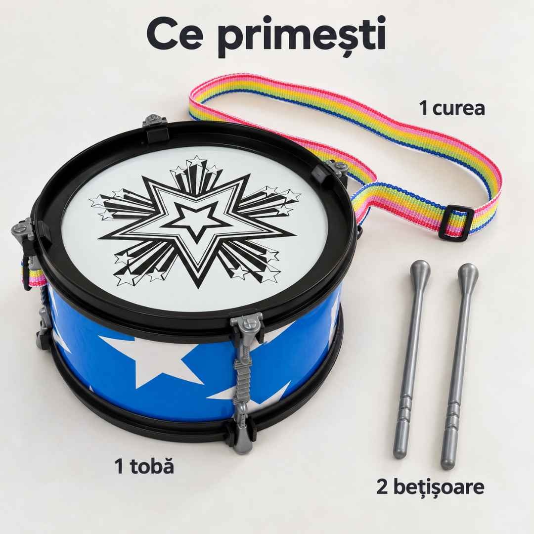 Conținutul produsului prezentat separat: o tobă, două bețișoare gri și o curea multicoloră