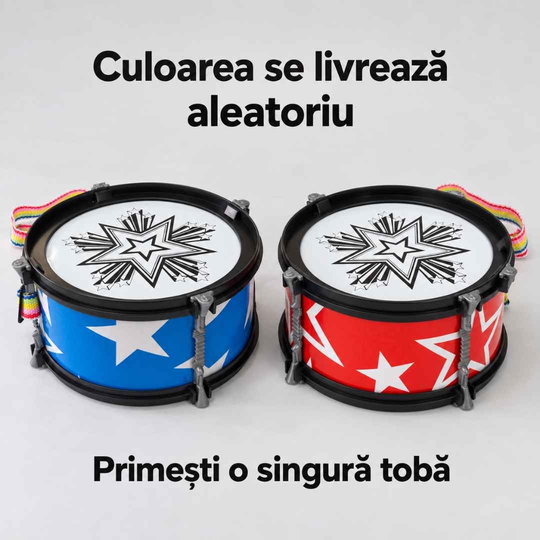Toba pentru copii în variantele albastră și roșie, cu precizarea că se livrează o singură tobă în culoare aleatorie