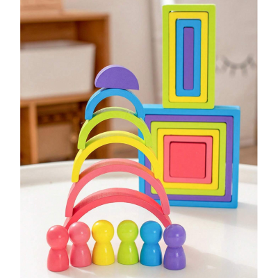 Set educativ de construcție Montessori din lemn - blocuri colorate | image