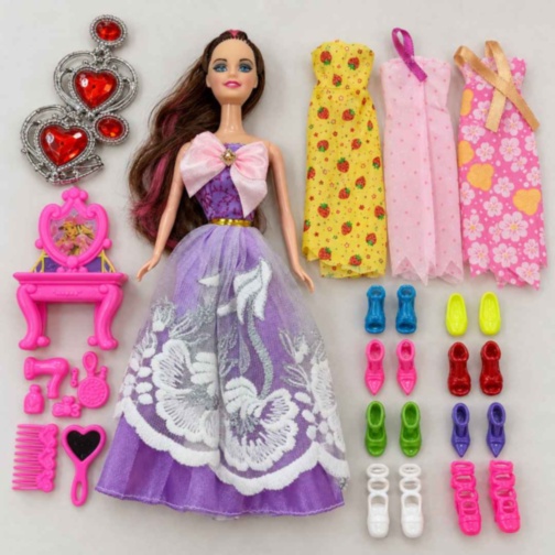 Păpușă de 28 cm cu rochițe, pantofi și accesorii
