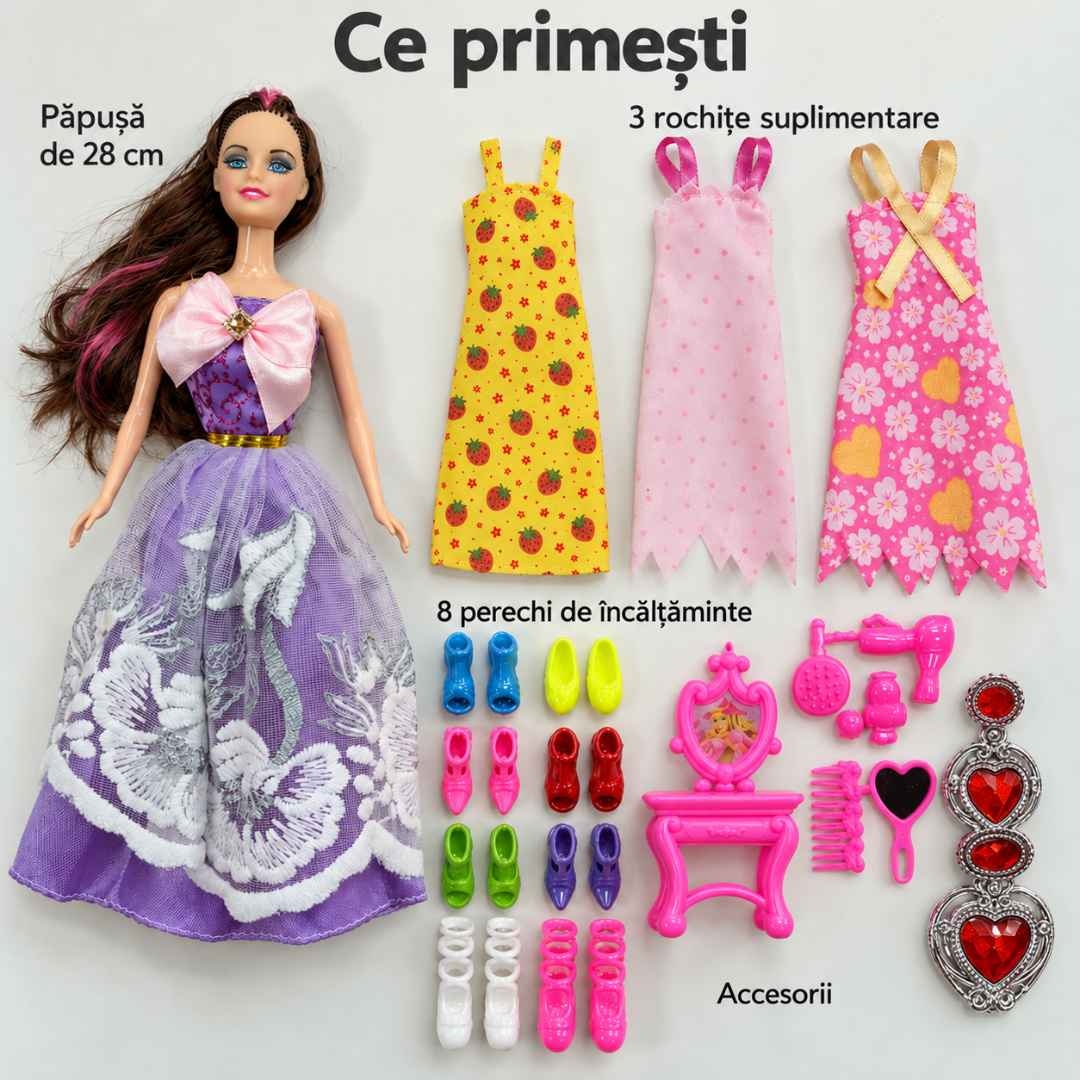 Conținutul setului: păpușă de 28 cm, 3 rochițe suplimentare, 8 perechi de încălțăminte și accesorii