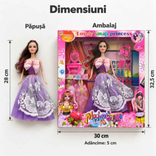 Păpușă de 28 cm cu rochițe, pantofi și accesorii