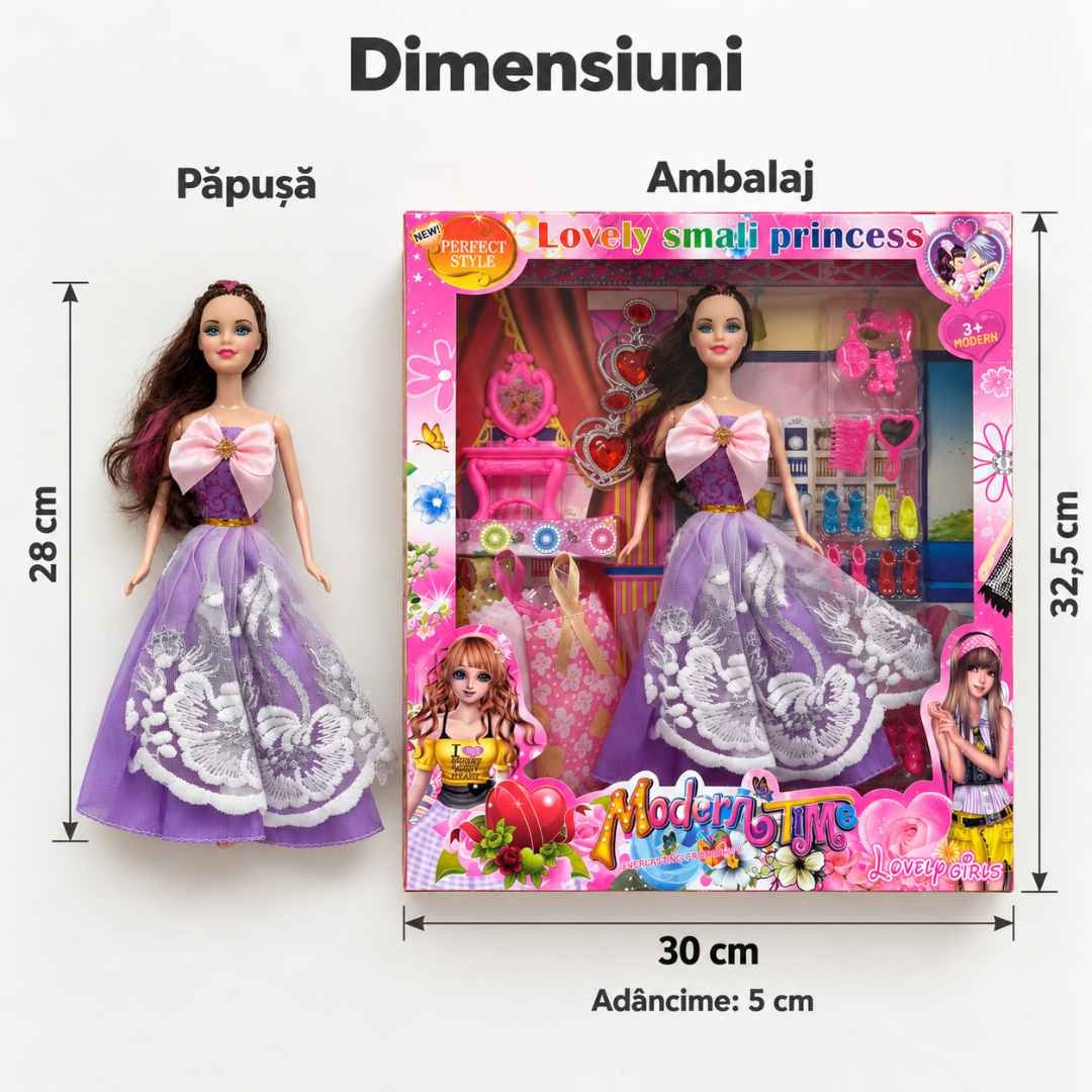 Păpușă de 28 cm și cutie de 30 cm lățime, 32,5 cm înălțime și 5 cm adâncime