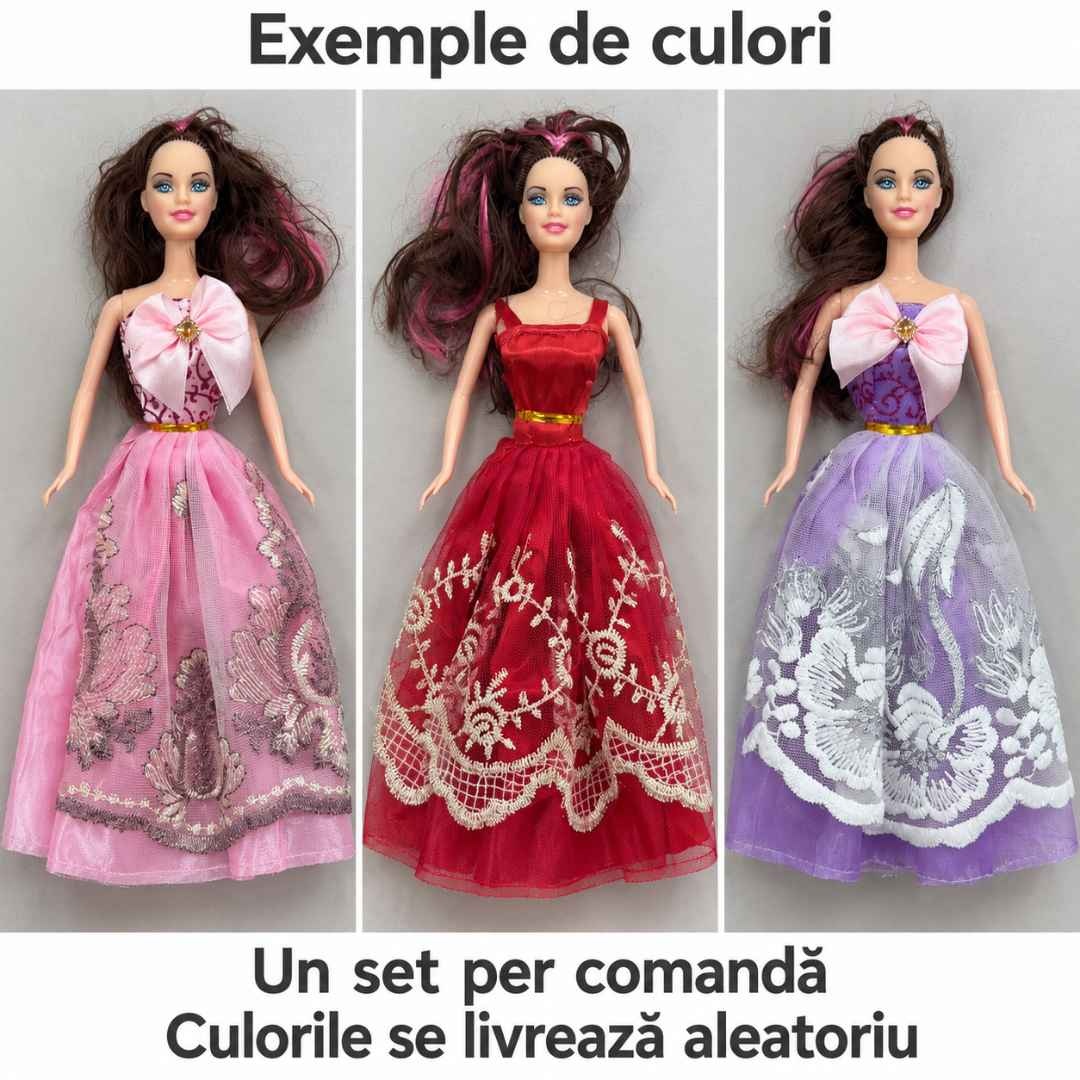 Exemple de păpuși în rochii roz, roșie și mov; fiecare set include o păpușă, cu varianta de culoare livrată aleatoriu
