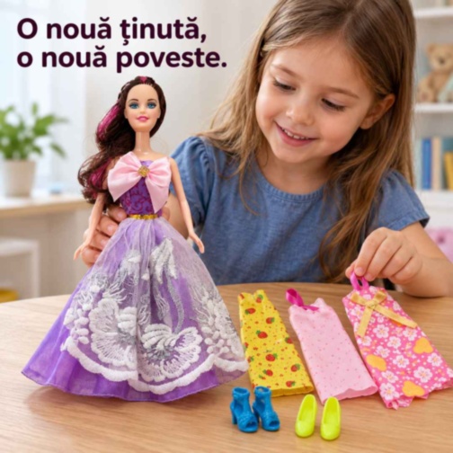 Păpușă de 28 cm cu rochițe, pantofi și accesorii