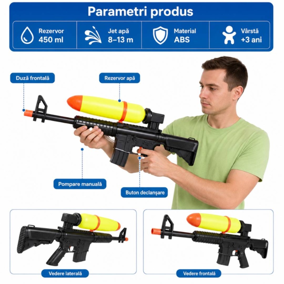 Parametri produs pușcă de apă cu rezervor 450 ml jet 8–13 m și material ABS