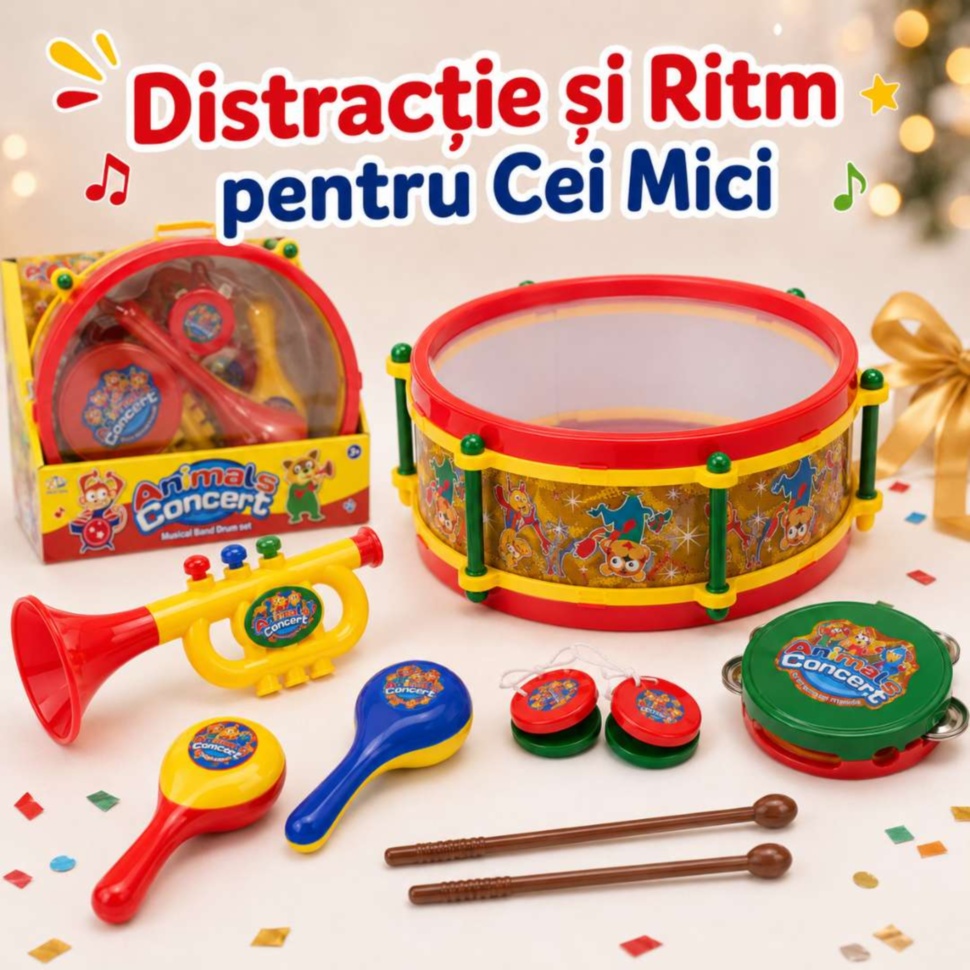 Set muzical pentru copii cu tobă și instrumente de ritm