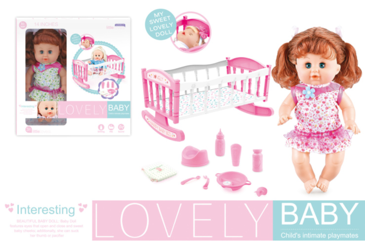 Păpușă Muzicală cu Pătuț, Tacâmuri și Pampers, face pipi la oliță