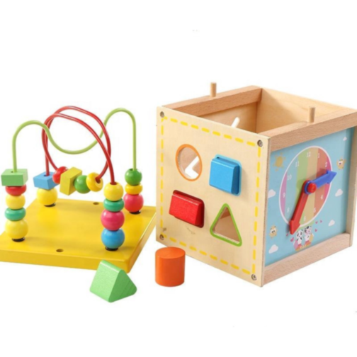 Cub Educativ din Lemn 5 în 1 - Labirint, Ceas, Sortator de Forme și Roți Dințate