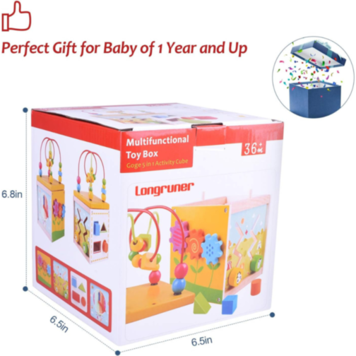 Cub Educativ din Lemn 5 în 1 - Labirint, Ceas, Sortator de Forme și Roți Dințate
