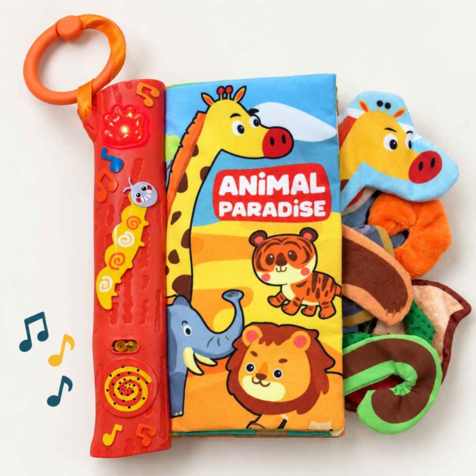 Carte textilă senzorială Animal Paradise cu animale, codițe textile, melodii și lumini