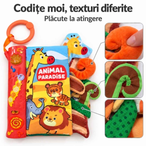 Carte textilă senzorială cu animale, melodii și lumini