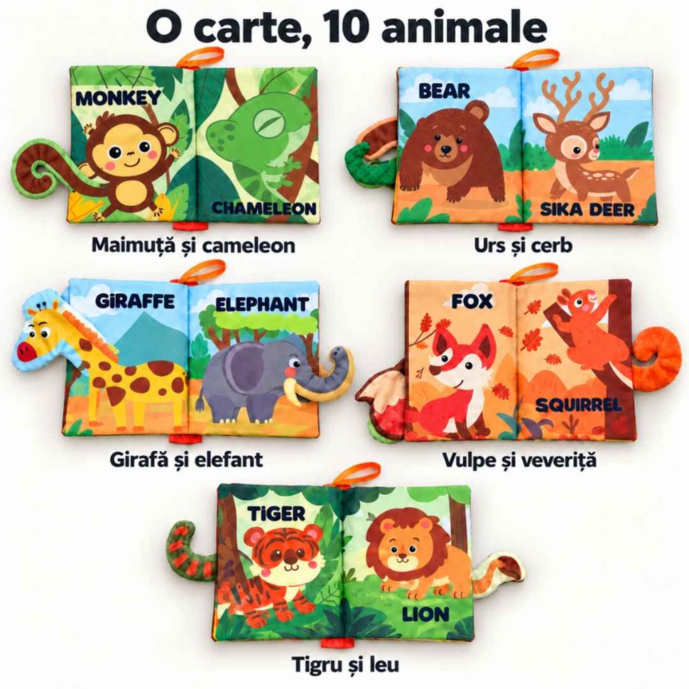 Cele 10 animale ilustrate în carte: maimuță, cameleon, urs, cerb, girafă, elefant, vulpe, veveriță, tigru și leu