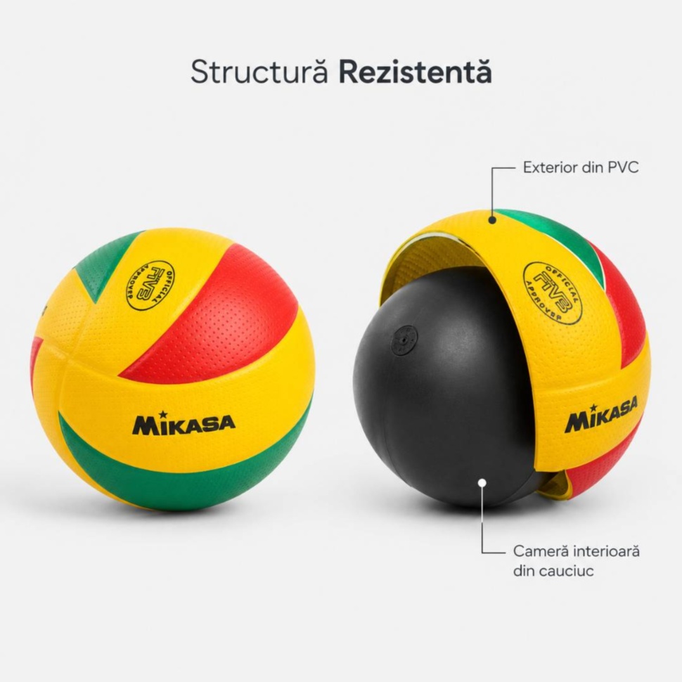 Structură minge de volei cu exterior din PVC și cameră interioară din cauciuc
