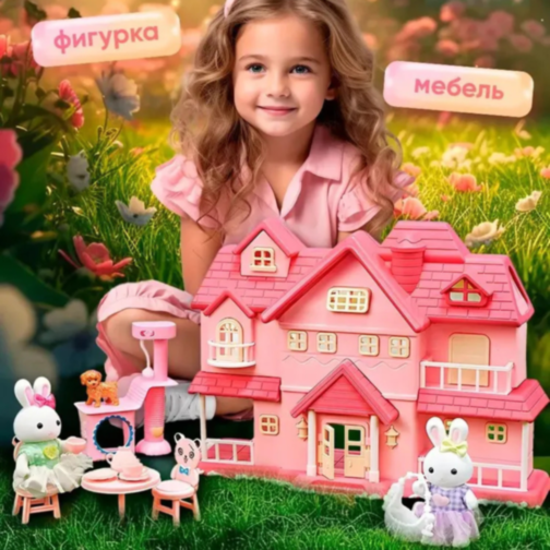 Vilă Roz Interactivă cu Figurine și Mobilier – Set de Joacă pentru Fetițe 