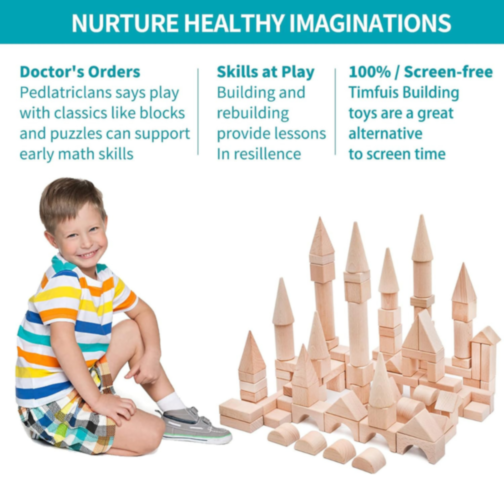 Set 100 Piese Cuburi de Construcție din Lemn Natural | Jucărie Educativă Montessori