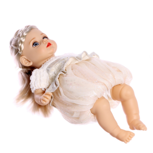 Păpușă Reborn Interactivă Blondă cu Rochie Albă și Voce – 35 cm 