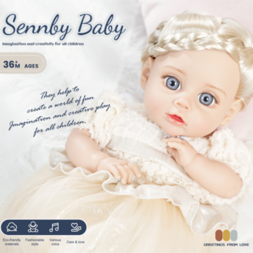 Păpușă Reborn Interactivă Blondă cu Rochie Albă și Voce – 35 cm 