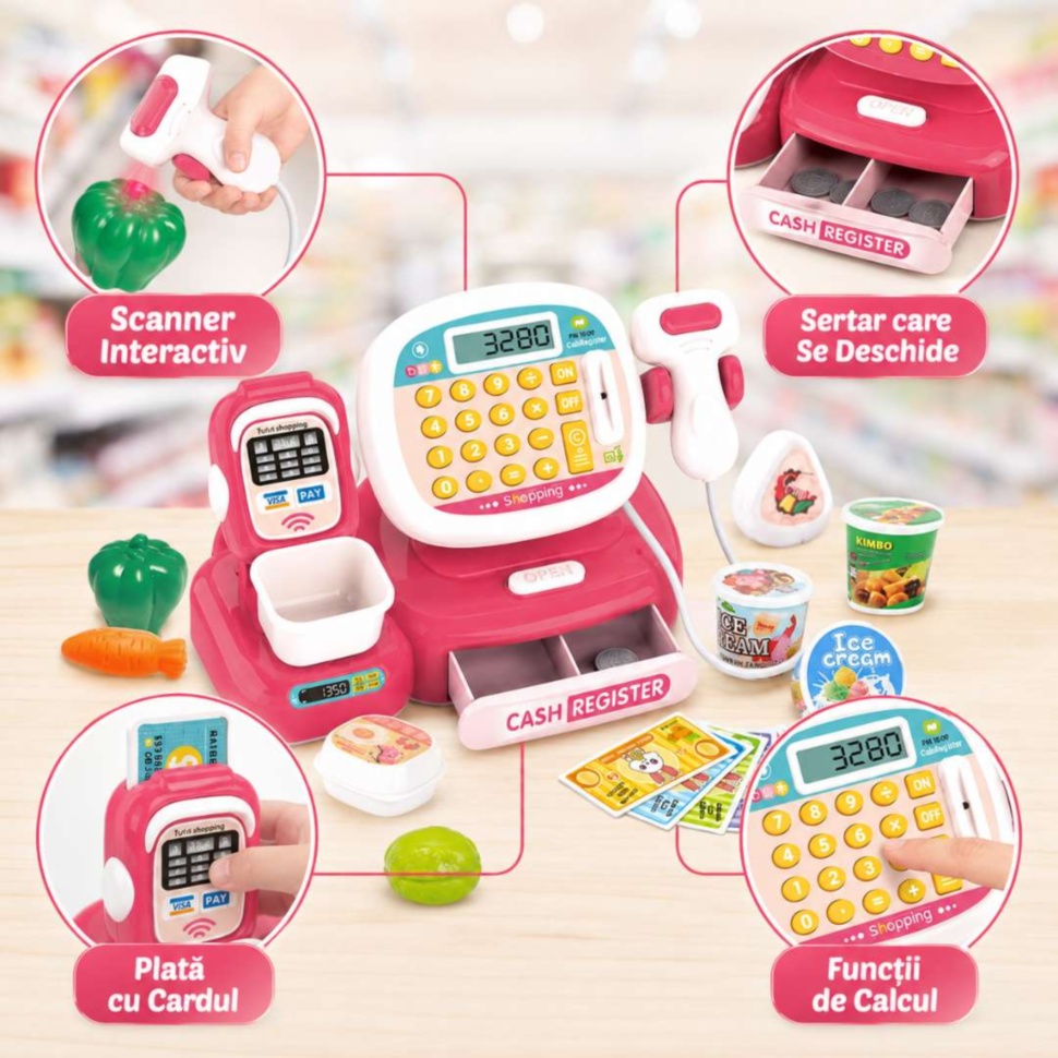 Casă de marcat interactivă cu scanner calculator sertar de bani și accesorii pentru copii