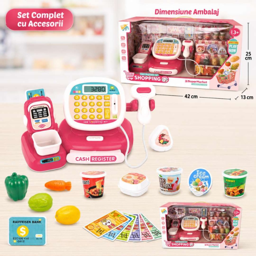 Set complet casă de marcat cu accesorii produse card bani și dimensiune ambalaj