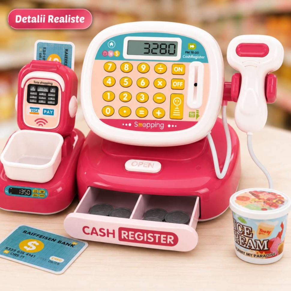 Detalii realiste casă de marcat cu calculator scanner terminal card și sertar