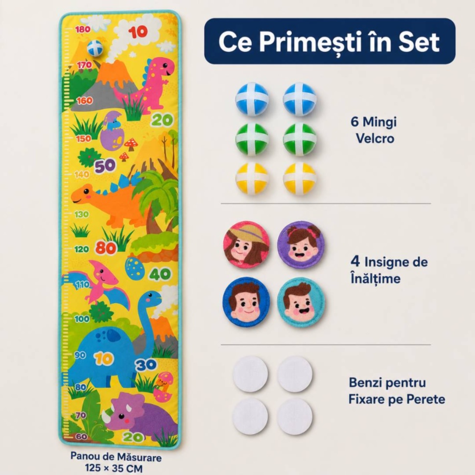 Ce primești în set: panou de măsurare, 6 mingi Velcro, 4 insigne și benzi de fixare