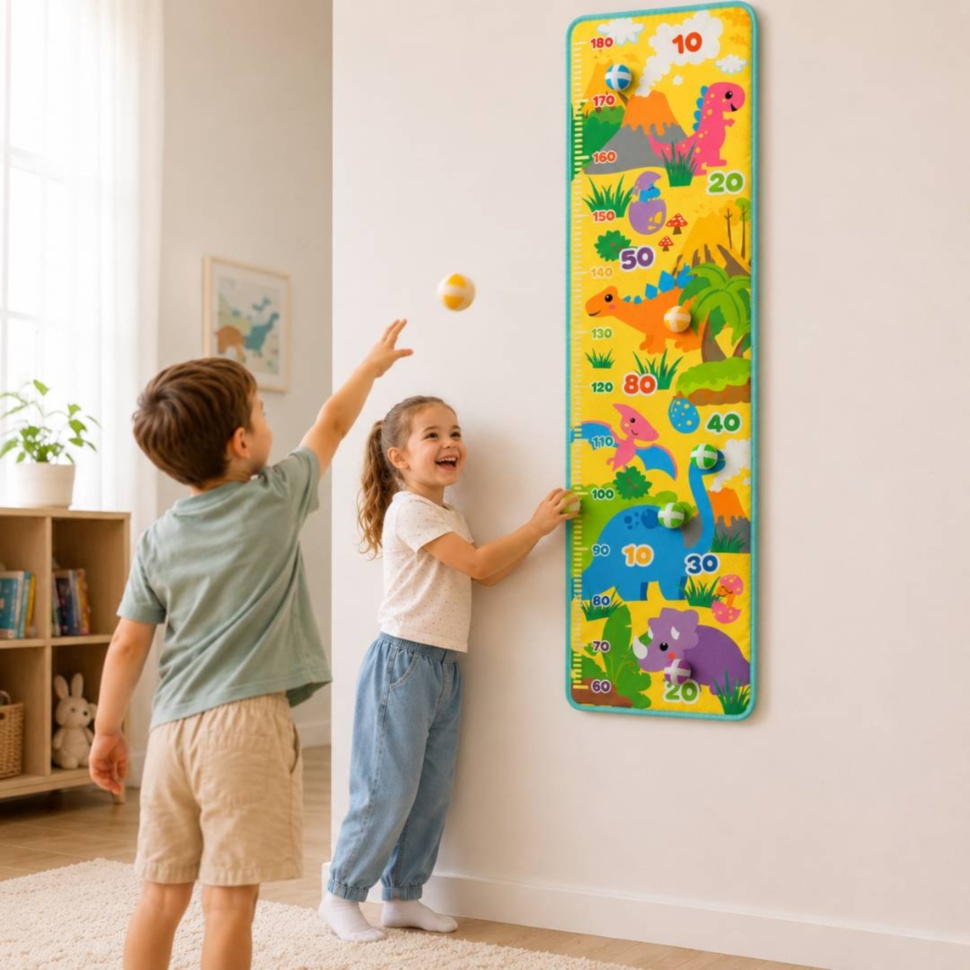 Copii aruncă mingi Velcro pe panoul de măsurare cu dinozauri