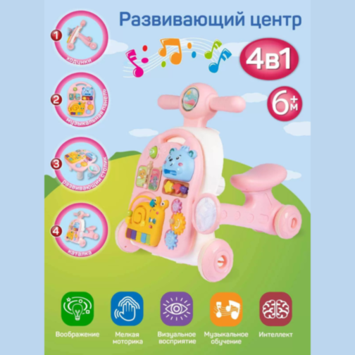 Centru Educativ 4-în-1 pentru Fetițe - Plimbător, Pian și Masă de Activități Roz