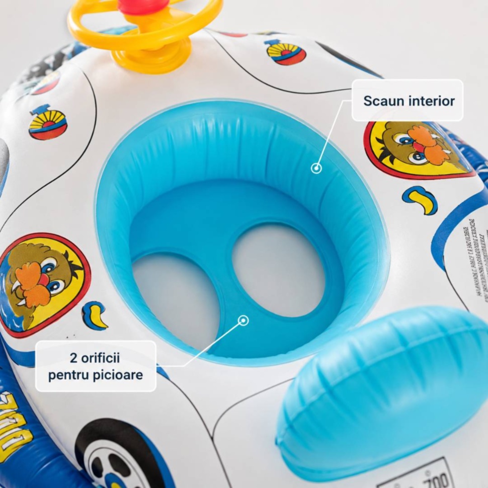 Scaun interior și două orificii pentru picioare la colacul gonflabil pentru bebeluși