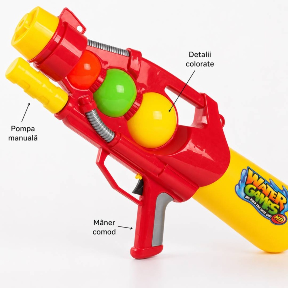 Detalii pușcă cu apă cu pompă manuală, mâner comod și elemente colorate