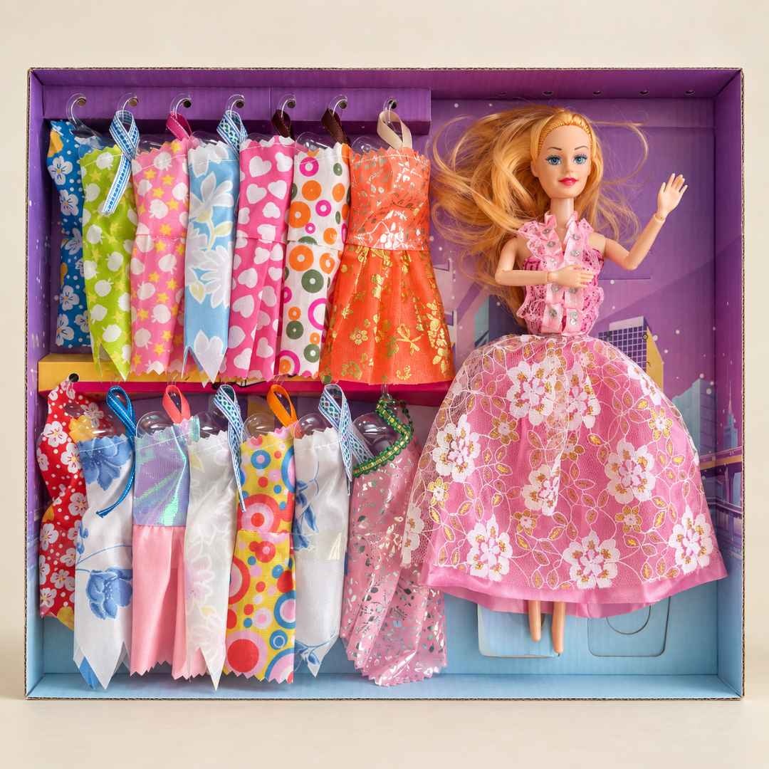 Păpușă fashion îmbrăcată și 14 rochițe suplimentare în ambalajul deschis