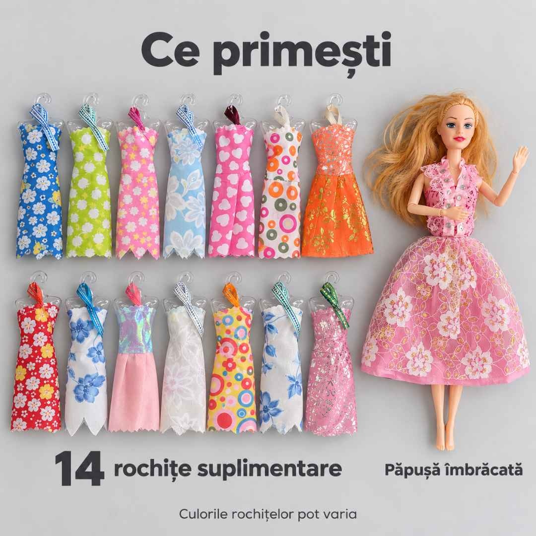 Conținutul setului: o păpușă îmbrăcată și 14 rochițe suplimentare