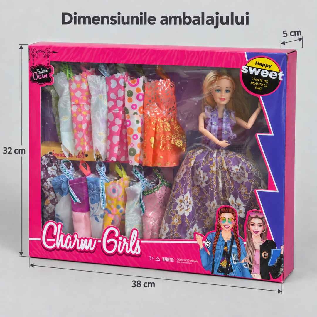Dimensiunile ambalajului setului cu păpușă: 38 × 32 × 5 cm