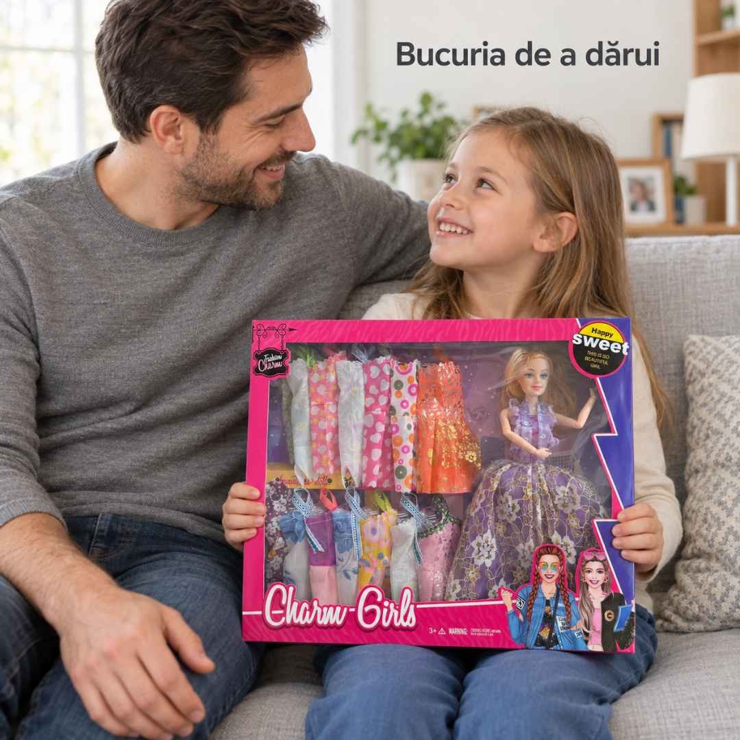 Tată și copil descoperă împreună setul cadou cu păpușă și rochițe