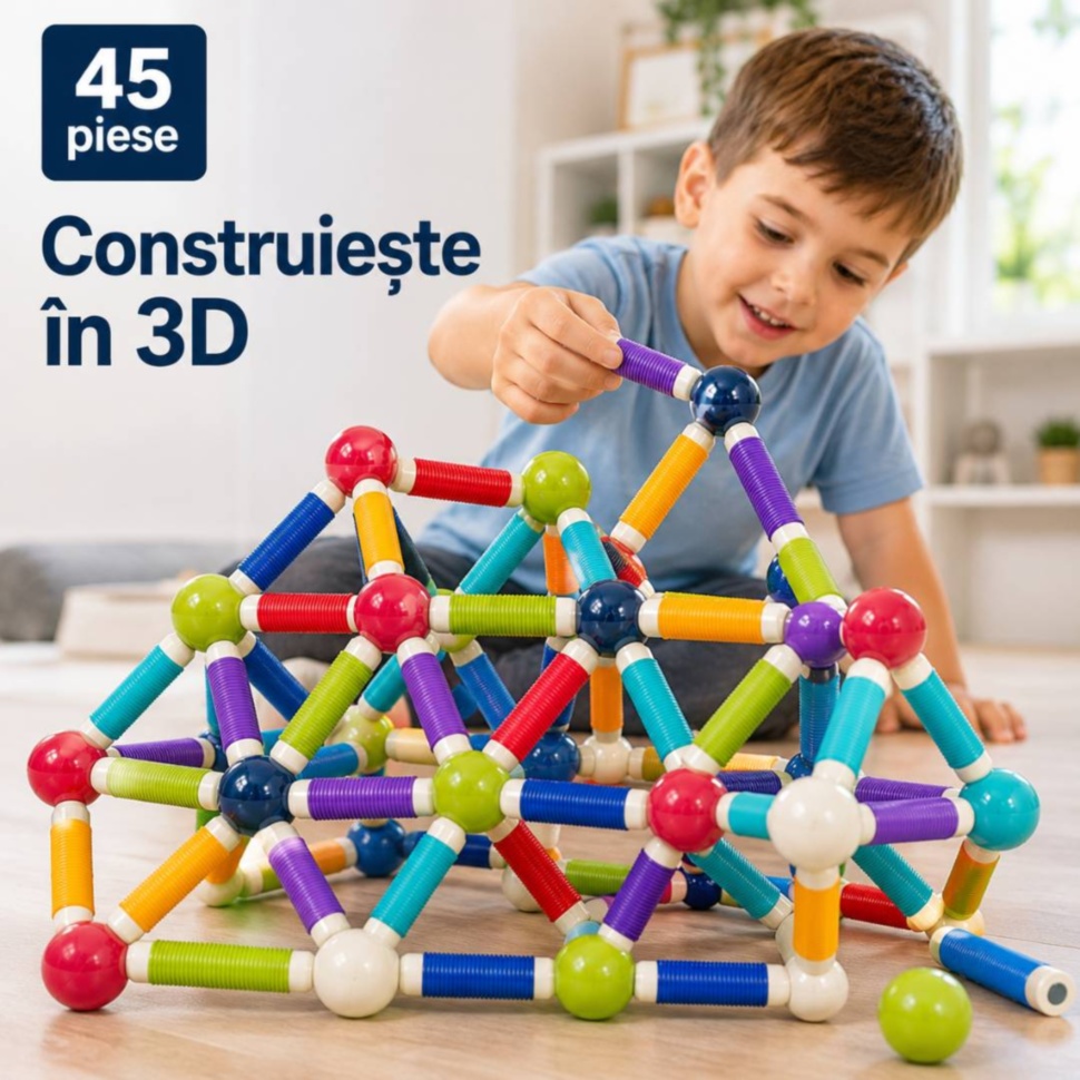 Set magnetic de construcție cu 45 de piese pentru modele 3D
